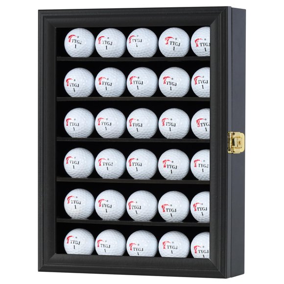 Estuche de exhibición de bolas de golf DisplayGifts para 30 bolas, vitrina de memorabilia para golfistas, regalo ideal para entusiastas del golf, montaje en pared con puerta con cerradura (negro)