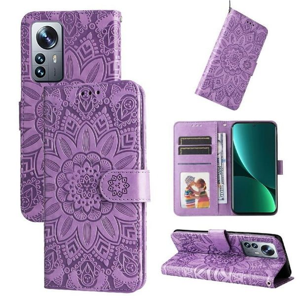 Funda tipo cartera FOXDOCK para Xiaomi 12 Pro , diseño girasol en relieve, cuero PU, cierre magnético, soporte y tarjetero