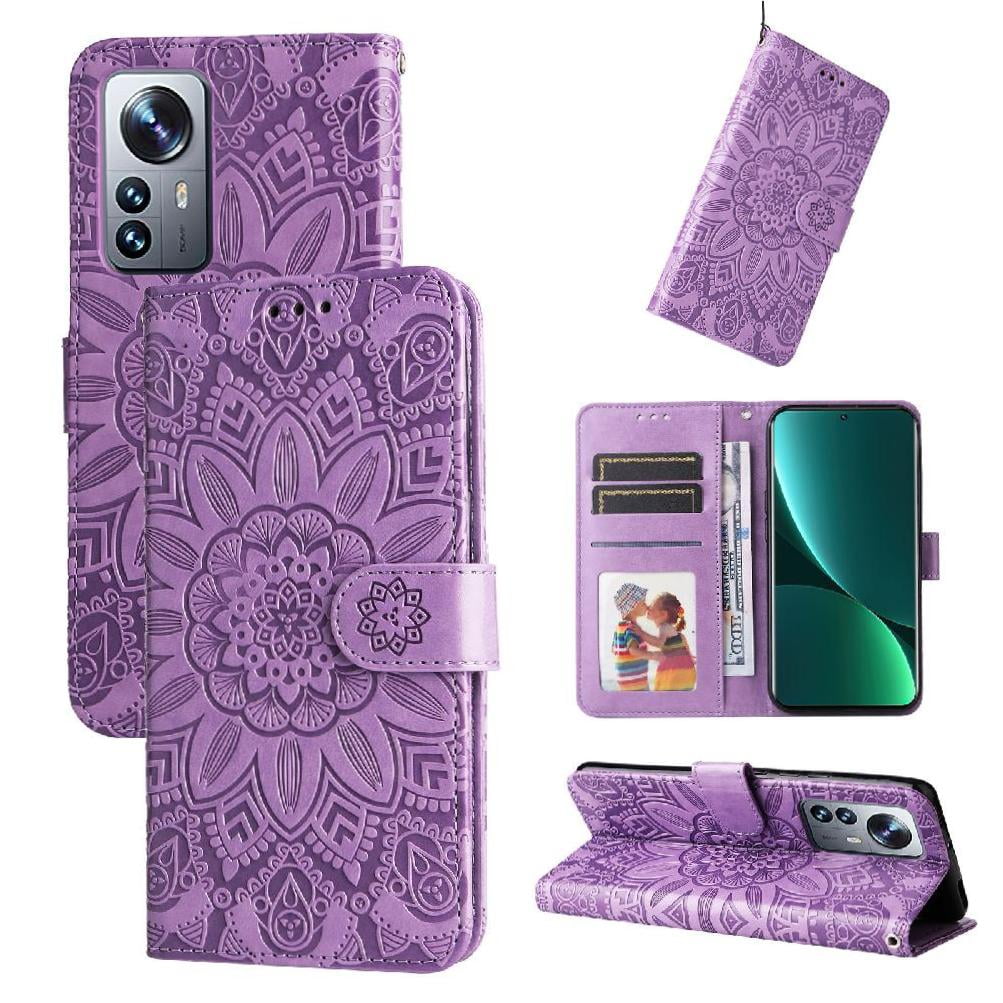 Funda Tipo Cartera Foxdock Para Xiaomi 12 Pro , Diseño Girasol En Relieve, Cuero Pu, Cierre Magnético, Soporte Y Tarjetero