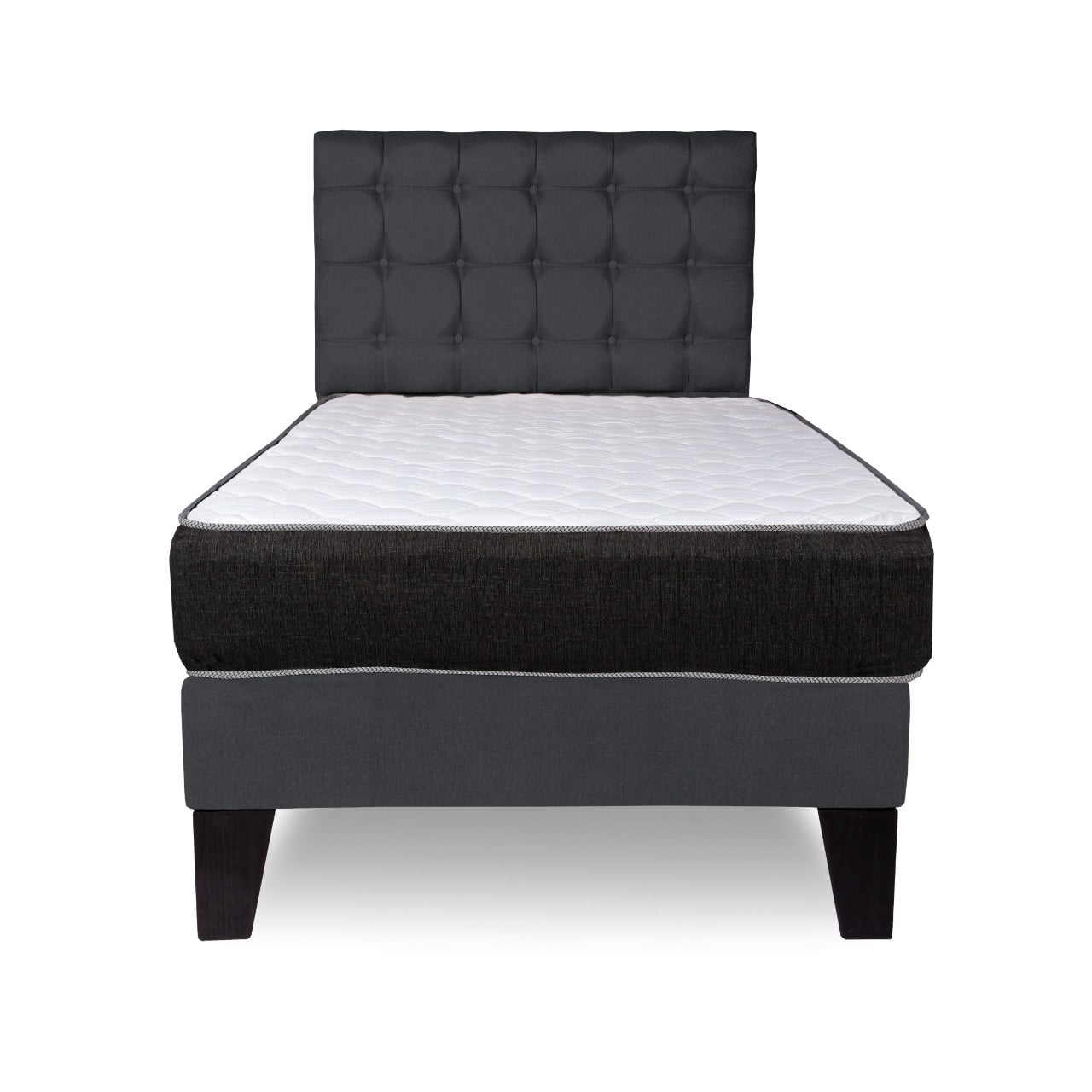 M Sole - Cama 1 Plaza Completa Base Americana + Colchón De Resortes + Respaldo Cuadros Grafito