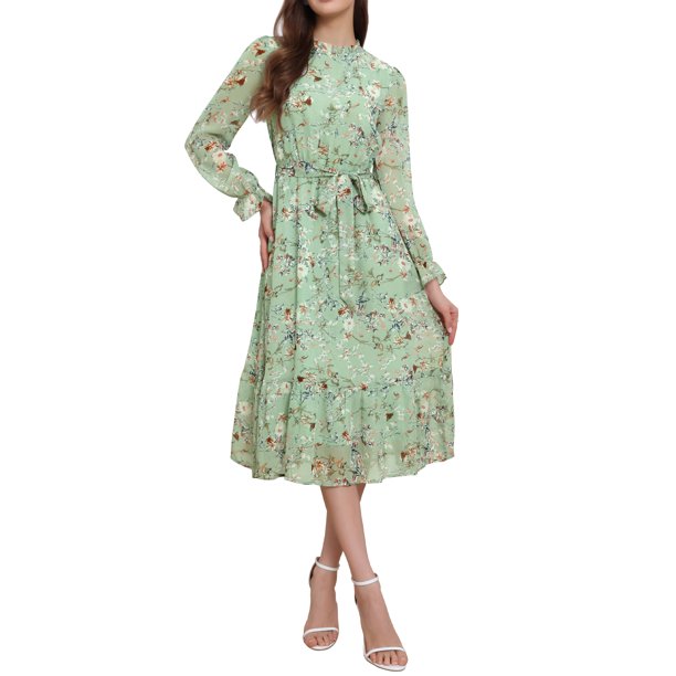 INSPIRE CHIC Vestido de Mujer Floral Cuello Simulado Volante Manga Larga Chifón Suelto Línea A Midi Vestidos Gris Verde L
