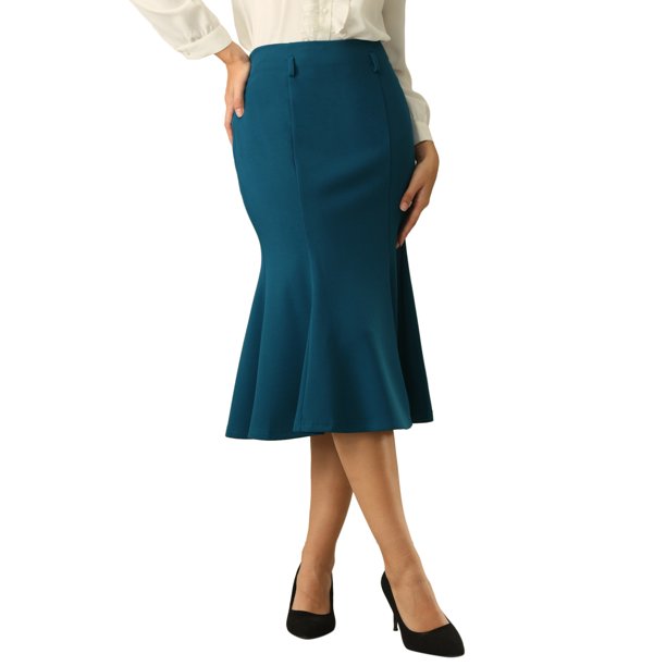 INSPIRE CHIC Falda Elegante de Mujer con Cola de Sirena, Cintura Alta con Cinturón, Falda Midi de Trabajo, Talla S, Azul Lago