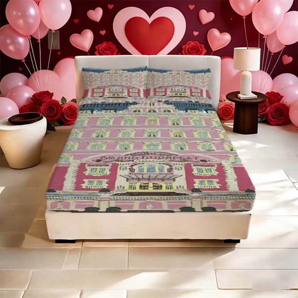 Grand Budapest Hotel Printed Fitted Sheet And Pillowcase Set Soft Comfortable And Breathable for All Seasons Essential for Bedroom Or Dormitory Decoration Excel