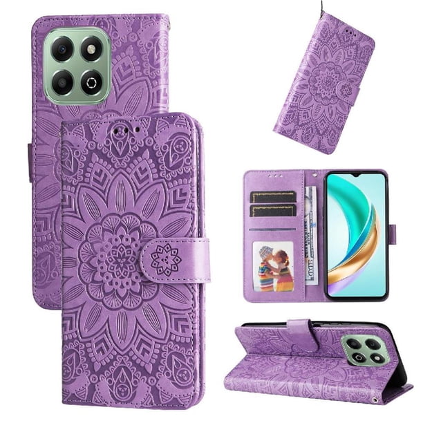 Funda tipo cartera FOXDOCK para Honor X6C 4G , diseño girasol en relieve, cuero PU, cierre magnético, soporte y tarjetero