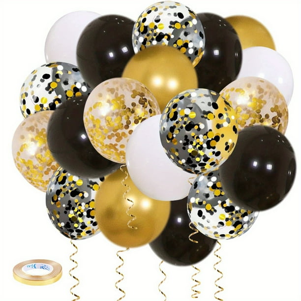 50pcs, Black Golden Confetti Balloons, 12 Inch Golden White And Black Confetti Balloons With Ribbons For Graduation Birthday Wedding Party Decorations