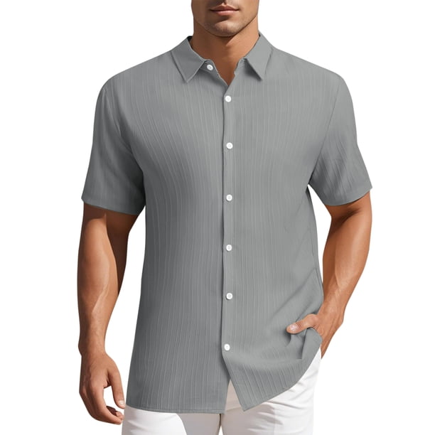 INSPIRE CHIC Camisas de Hombre para Regreso a Clases Camisa de Manga Corta con Botones para Playa de Verano Cuello de Punta 2XL Gris