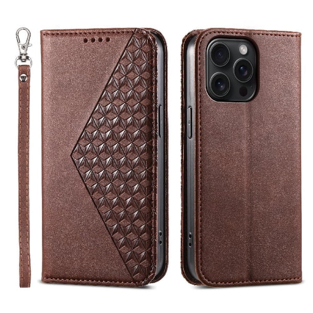 Funda Flip FOXDOCK para iPhone 15 Pro Max , Estilo Billetera con Diseño Rombo, Correa de Mano y Soporte, Uso Diario