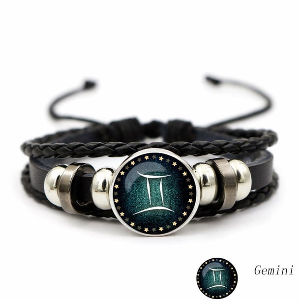 Luminous Twelve Constellation Artificial Gemstone Bracelet ,Beaded Rope PU Leather 12 Constellation Woven Bracelet
