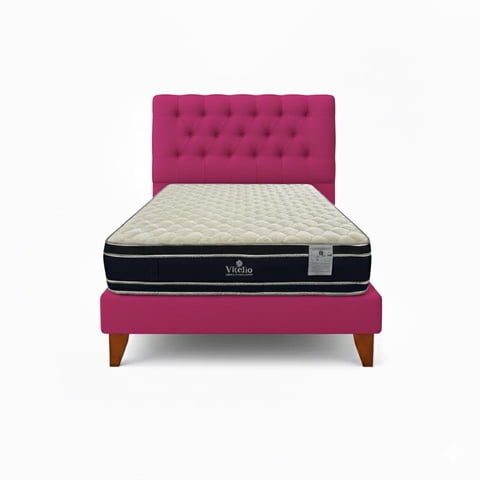 Vitelio - Cama 1.5 Plaza Fucsia Capitone + Colchón Ortopedic