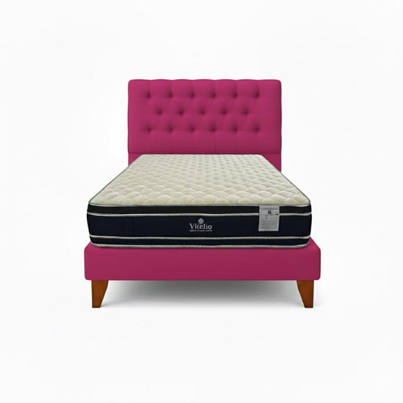 Cama 1.5 Plaza Fucsia Capitone + Colchón Ortopedic