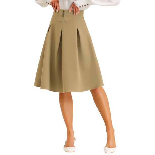 Falda midi plisada INSPIRE CHIC para mujer con decoración de botones, cintura alta, casual, de oficina, falda acampanada XL caqui