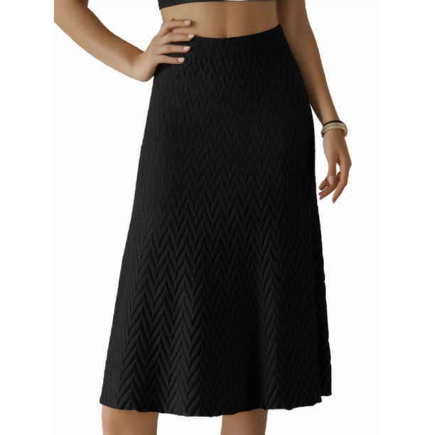 INSPIRE CHIC Falda de Punto A-Line para Mujer con Cintura Alta Elástica y Tejido Elástico, Falda Midi de Suéter XL Negro