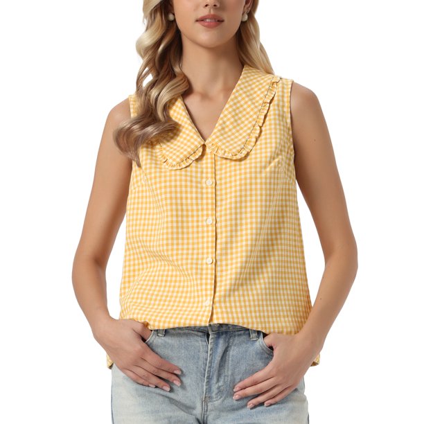 INSPIRE CHIC Lindas Blusas Sin Mangas de Cuadros para Mujer con Cuello Peter Pan y Ribete con Volantes L Amarillo