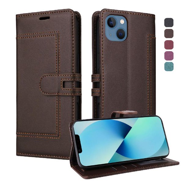 Premium Wallet Case for iPhone 14 with Card Slots & Kickstand, Flip Cover Brown