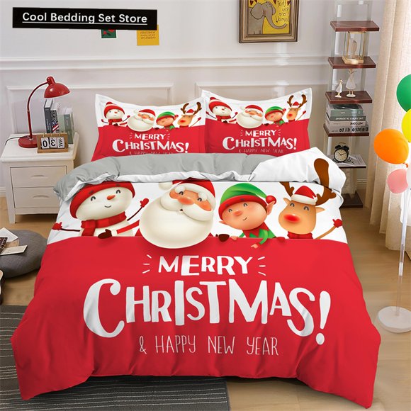 Merry Christmas Bedding Set Santa Claus Snowman Comforter Cover Christmas Tree Duvet Cover Red Polyester Quilt Cover Bed Sheets