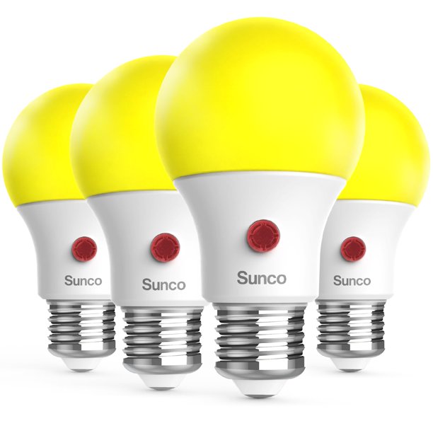 Bombilla LED para insectos Sunco A19, 9 W, 480 lúmenes, del anochecer al amanecer, 2000 K, paquete de 4
