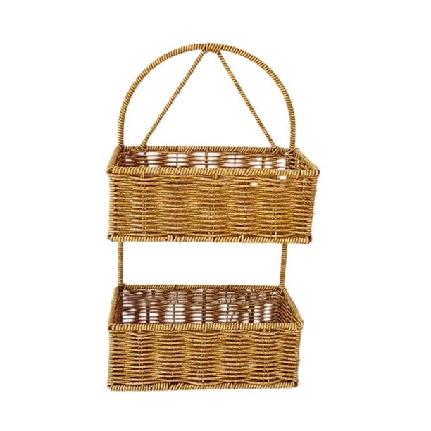 Cesta de mimbre de imitación montada en la pared, estantes de almacenamiento de cesta colgante tejida, cesta de pared tejida para jardín, cocina organ Cuadrado 2 capas