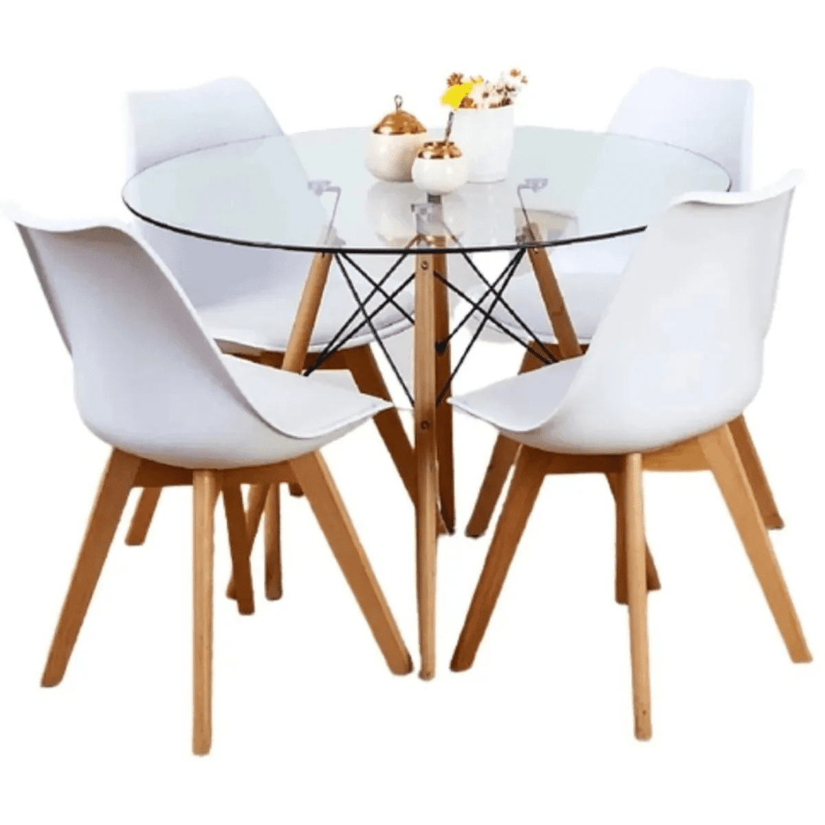 Moboi - Comedor Mesa Eames Redonda De Vidrio 100cm Y 4 Sillas Tulip Blancas