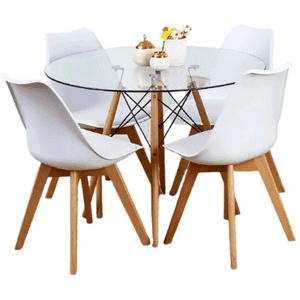 Moboi - Comedor Mesa Eames Redonda De Vidrio 80Cm Y 4 Sillas Tulip Blancas