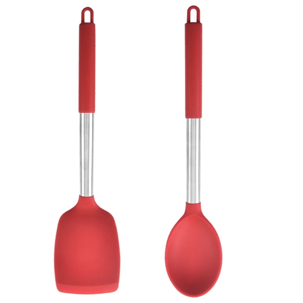 Utensilios de cocina de 2 piezas, cabezales de silicona aptos para uso alimentario y mangos de acero inoxidable, color rojo