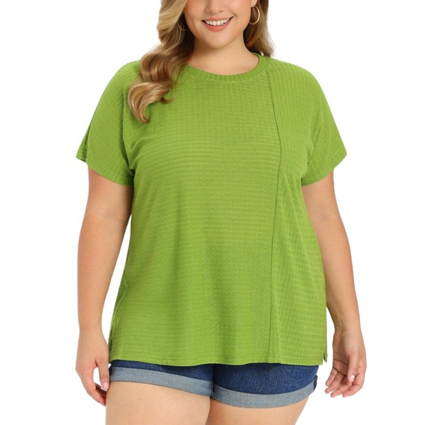 GRACE & GRANDEUR Blusas de Pascua para Mujer Tallas Grandes con Panel Texturizado en el Frente, Cuello Redondo, Blusa Sólida, Manga Raglán, Blusas Sueltas Casuales Talla 3X Verde Oliva