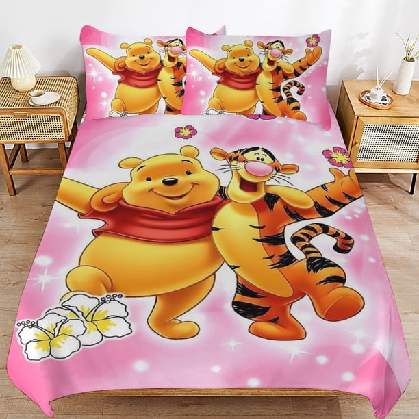 Winnie The Pooh Bed Duvet Cover Microfiber Bedding Sets 3D Printed Lightweight 3 Piece Comforter Sets for Kids Boys Girls
