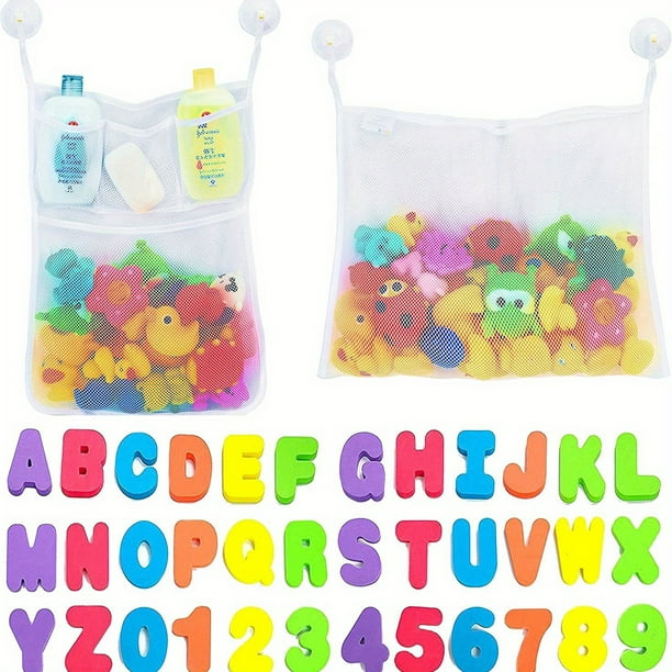 2 X Mesh Bath Toy Organizer + 4 Ultra Strong Hooks + 36 Bath Letters & Numbers – Eco-Safe, Fun, Educational Foam Baby Bath Letters And Perfect Toy Storage Net For Baby Bath Toys & More