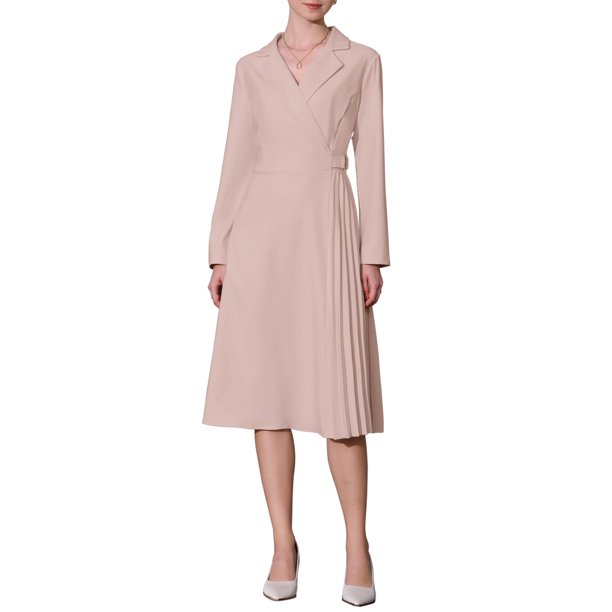 INSPIRE CHIC Vestido Midi Plisado de Línea A con Cuello Envolvente y Solapa para Mujer, Manga Larga, Talla S, Rosa