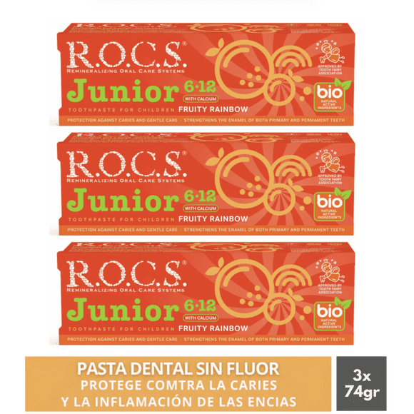 Pack 3 Pasta Dental Rocs Junior Fruity Rainbow 74g Sin Fluor