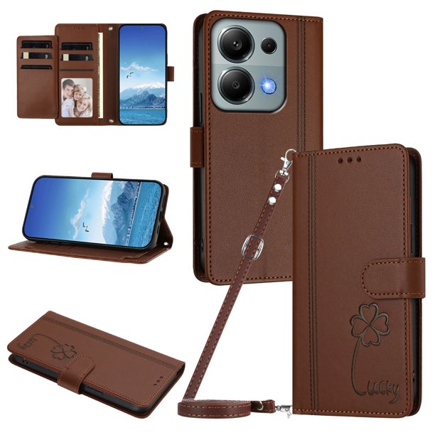 Funda Cartera Trébol para Xiaomi Redmi Note 13 Pro 4G con Ranuras Tarjetas y Carga Inalámbrica Marrón
