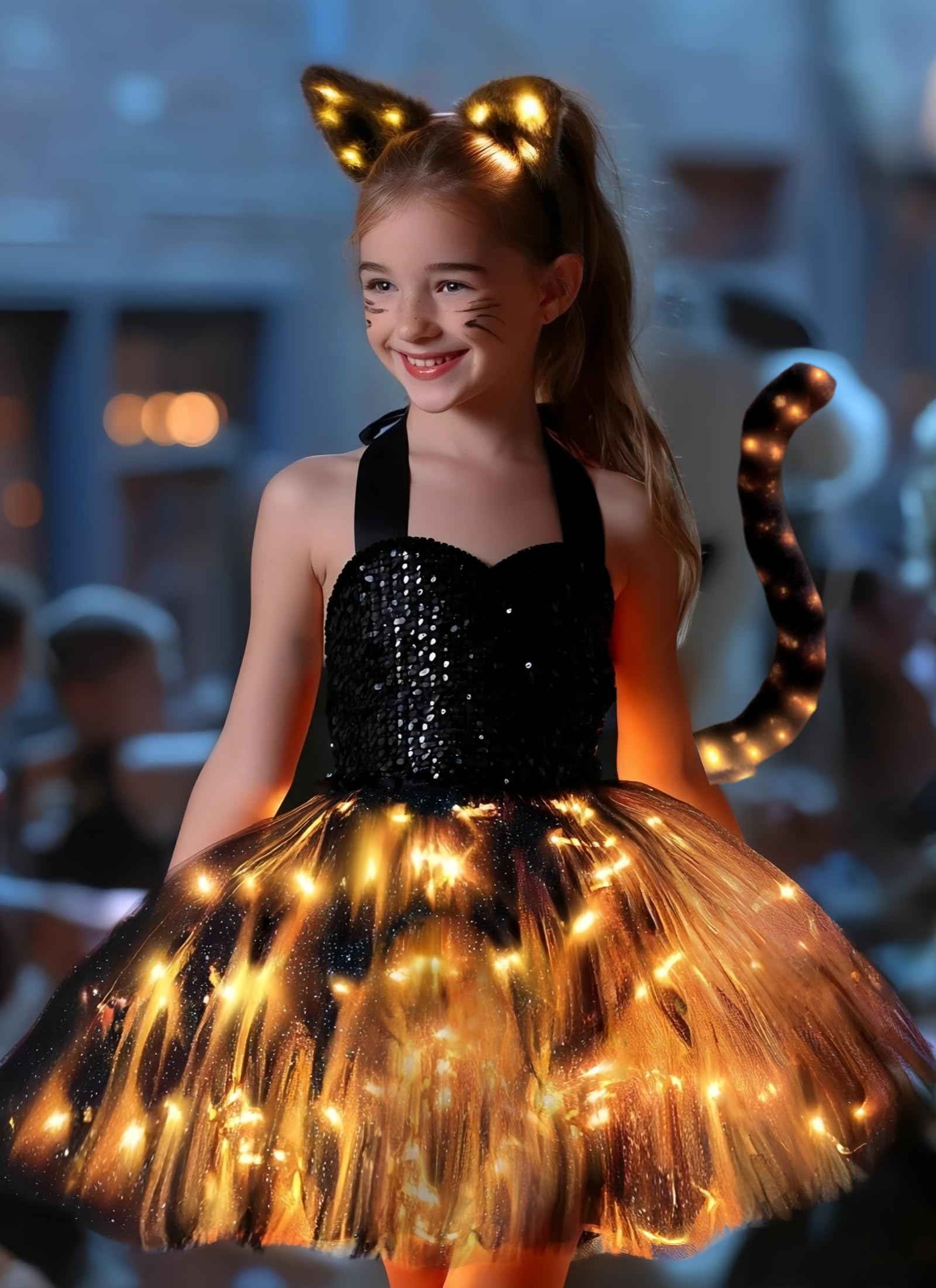 Disfraz Wuwdysa Para Niña, Gato Negro, Tutú De Tul Con Luz Led, Talla 5-6