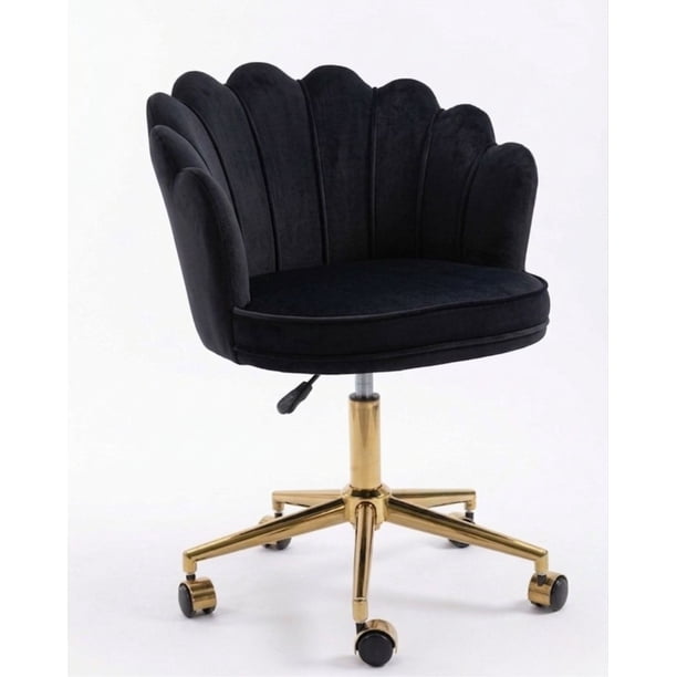 Silla De Escritorio Ostra Acolchada Felpa Base Giratoria Dorada - Negra