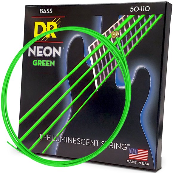Cuerdas para bajo DR Strings de 4 cuerdas con revestimiento verde neón de alta definición