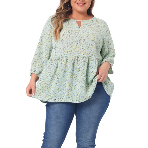 Agnes Orinda Blusas Florales de Mujer Tallas Grandes con Volantes Peplum y Abertura en la Espalda, Mangas 3/4, Talla 1X Verde Claro