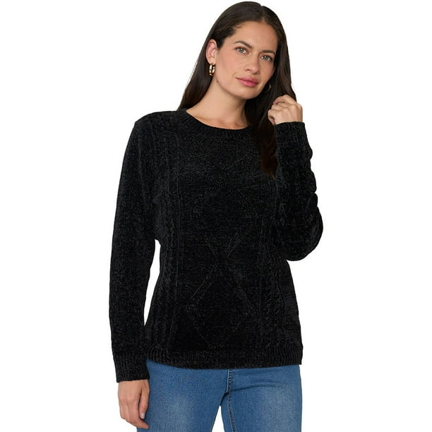 Sweater Mujer Chenille Trenzado Negro Corona