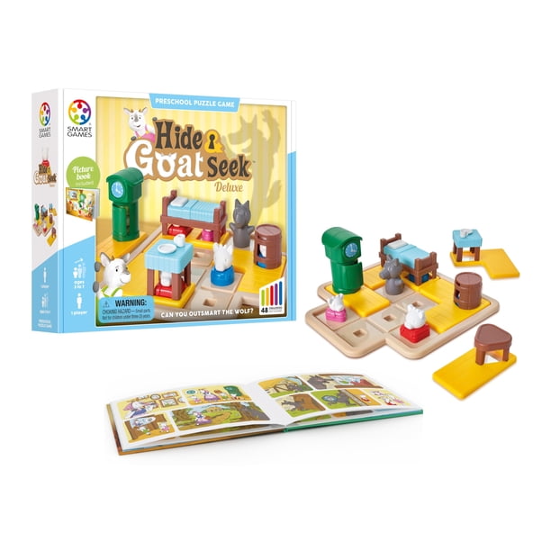 SmartGames Hide and Goat Seek: un juego de rompecabezas preescolar para niños de 3 a 7 años que incluye 48 desafíos y un libro ilustrado adicional