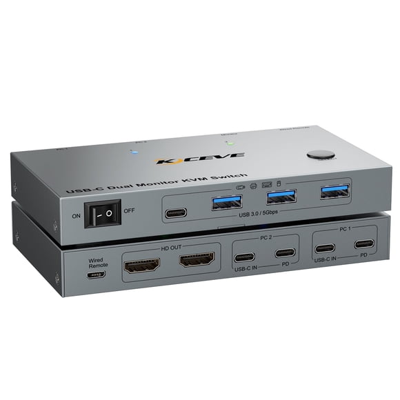 Conmutador KVM DXchip de 2 puertos USB‑C con doble monitor
