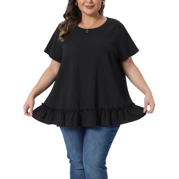 Agnes Orinda Camisetas de Mujer Tallas Grandes para el Día de San Patricio en la Escuela o Universidad, Dobladillo en Capas, Cuello Redondo, Manga Corta, Blusa Casual de Verano Flowy 4X Negro