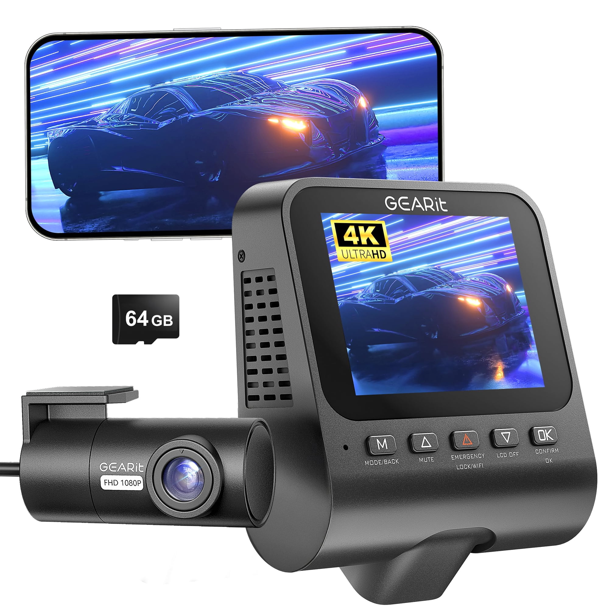 Cámara Para Auto Gearit 4k Dual Frontal Y Trasera Wifi Gps Visión Nocturna