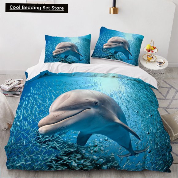 Dolphin Ocean Duvet Cover Cute Sea Animal Bedding Set for Kids Teens Adults Shoal of Fish Blue Quilt Cover Bed Sheets