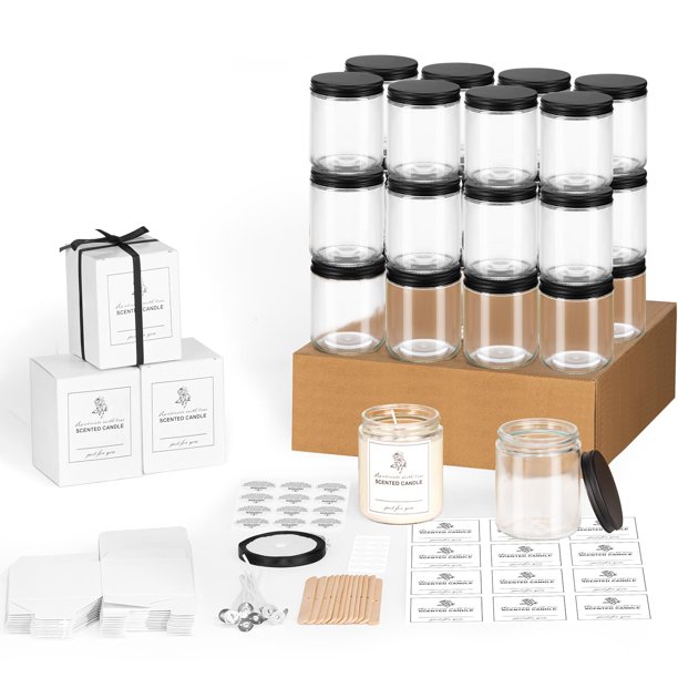 Juego de 24 tarros de vidrio de 8 oz con tapas metálicas, kits para elaboración de velas, etiquetas, caja de regalo, tarros vacíos para envasado, para almacenar alimentos, especias y líquidos