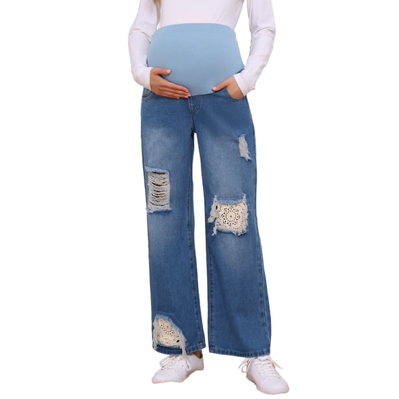 INSPIRE CHIC Jeans de Maternidad para Mujeres Rotos Desgastados con Encaje Patchwork Sobre el Vientre Soporte para Embarazo Pantalones de Mezclilla S Azul