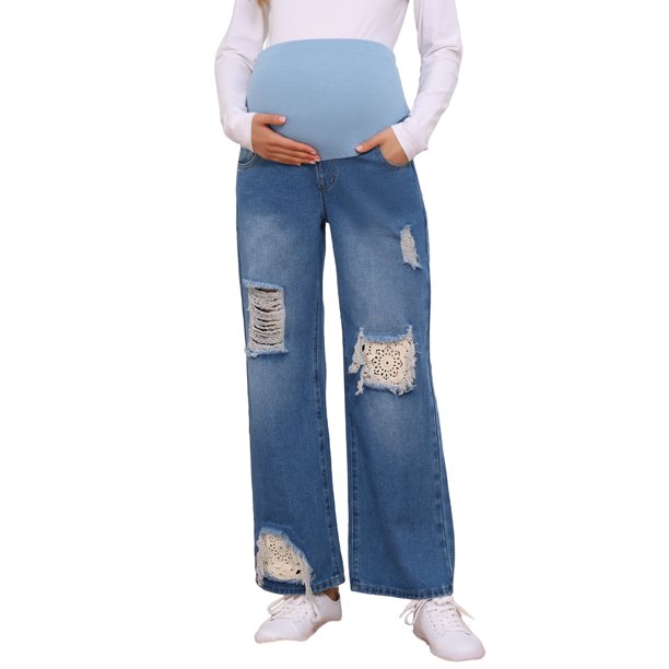 INSPIRE CHIC Jeans de Maternidad para Mujeres Rotos Desgastados con Encaje Patchwork Sobre el Vientre Soporte Pantalones de Mezclilla de Embarazo L Azul