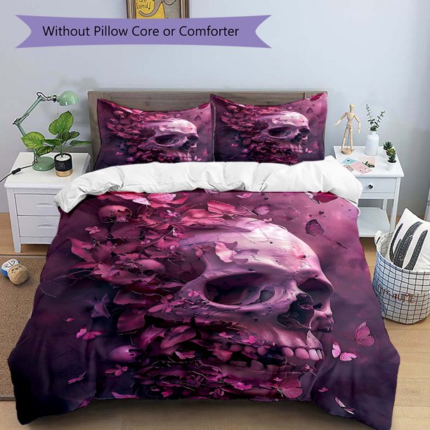 Dreamlike Fusion of Skulls Butterflies and Petals Printed Duvet Cover Set (1 * Cover+2 * Pillowcase Without Core) Suitable for Home Bedroom Guest Room Dormitory