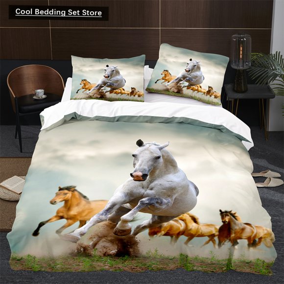 Horse Duvet Cover Size White Running Horses Pattern Bedding Set for Kids Teens Adults Wild Animal Soft Quilt Cover Bed Sheets