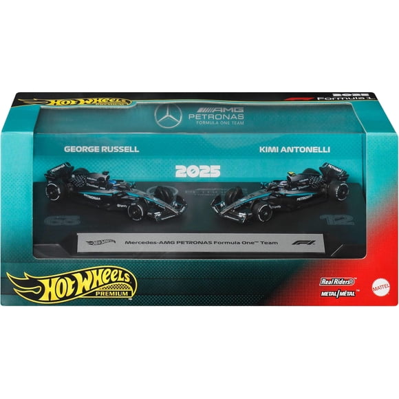 Hot Wheels Premium Coches de Juguete Fórmula 1, 2 coches a escala 1:64 del equipo Mercedes-AMG Petronas con los pilotos George Russell y Kimi Antonelli