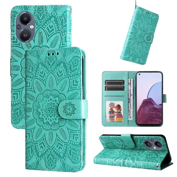 Funda tipo cartera FOXDOCK para OPPO Reno 8Z , diseño girasol en relieve, cuero PU, cierre magnético, soporte y tarjetero