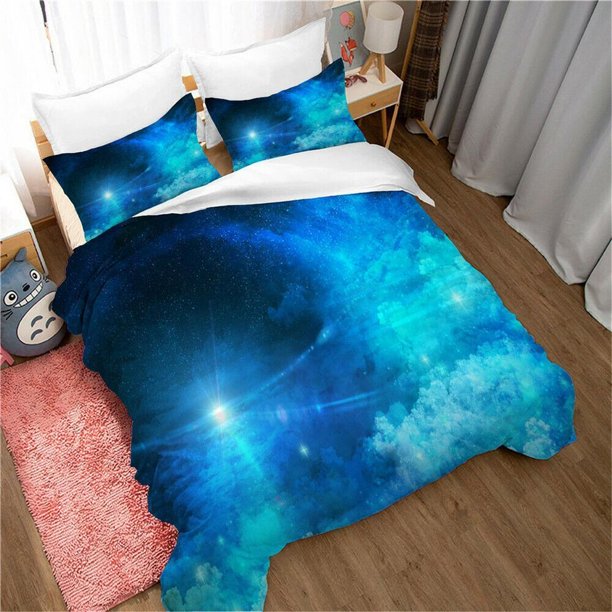 Blue Starry Sky Art Quilt Duvet Cover Set Soft Bedclothes Doona Cover3-Piece Bedding Set