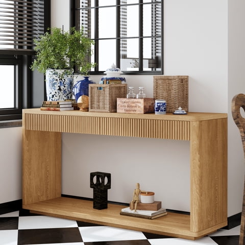 M&Ms - 60"" Modern 2-Drawer Fluted Console Table Natural Wood Veneer Sofa Table Behind Couch Table For Living Room, Hallway, Entryway, Home Office, Natural Wood
