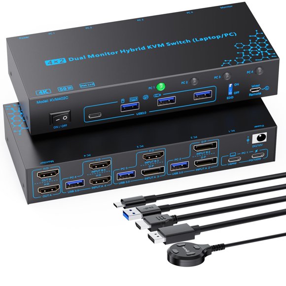 Conmutador KVM DXchip 4 puertos Dual 4K@60Hz USB‑C PD 100W